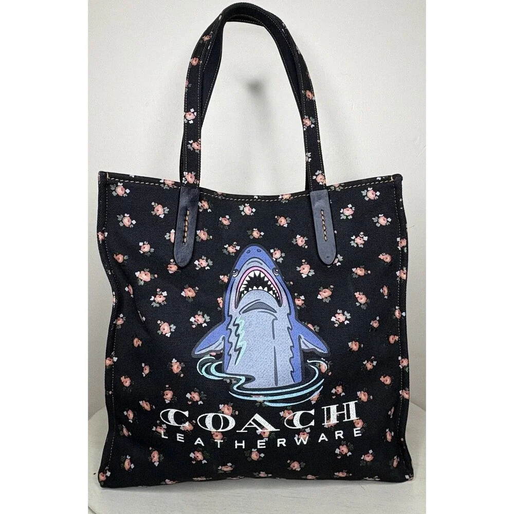 Rare COACH Sharky Canvas Tote Bag Floral Black Leather Trim Limited Edition EUC